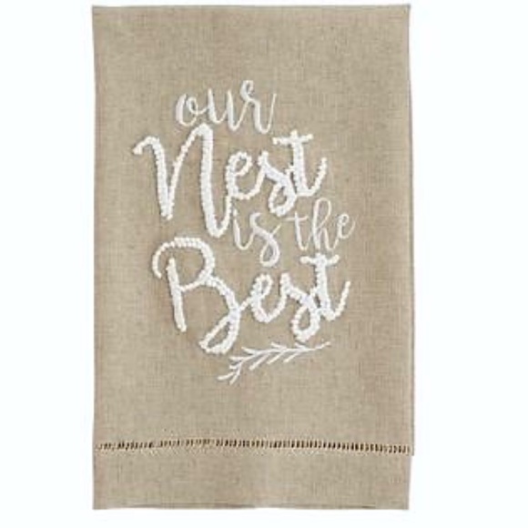 Tan Linen Embroidered Hand Towel Our Nest Is the Best - Picture 1 of 4